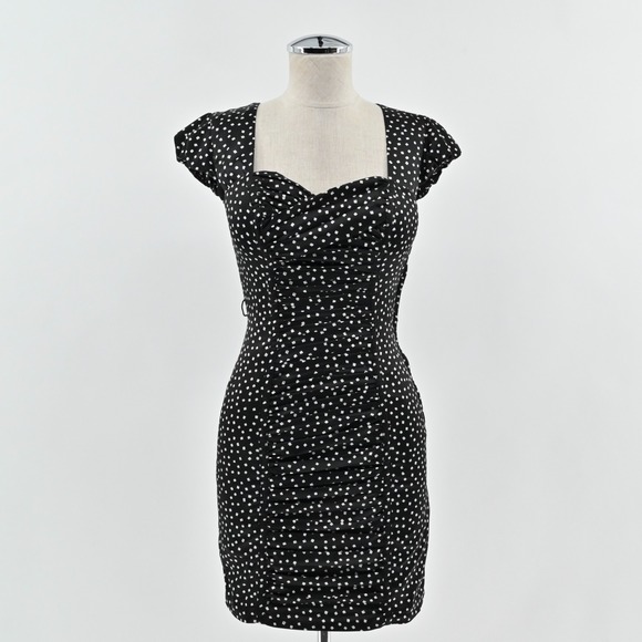 Guess Dresses & Skirts - Vtg Y2k Guess Pin Up Dress Size 0 Rockabilly Polka Dot Retro Black White Ruched